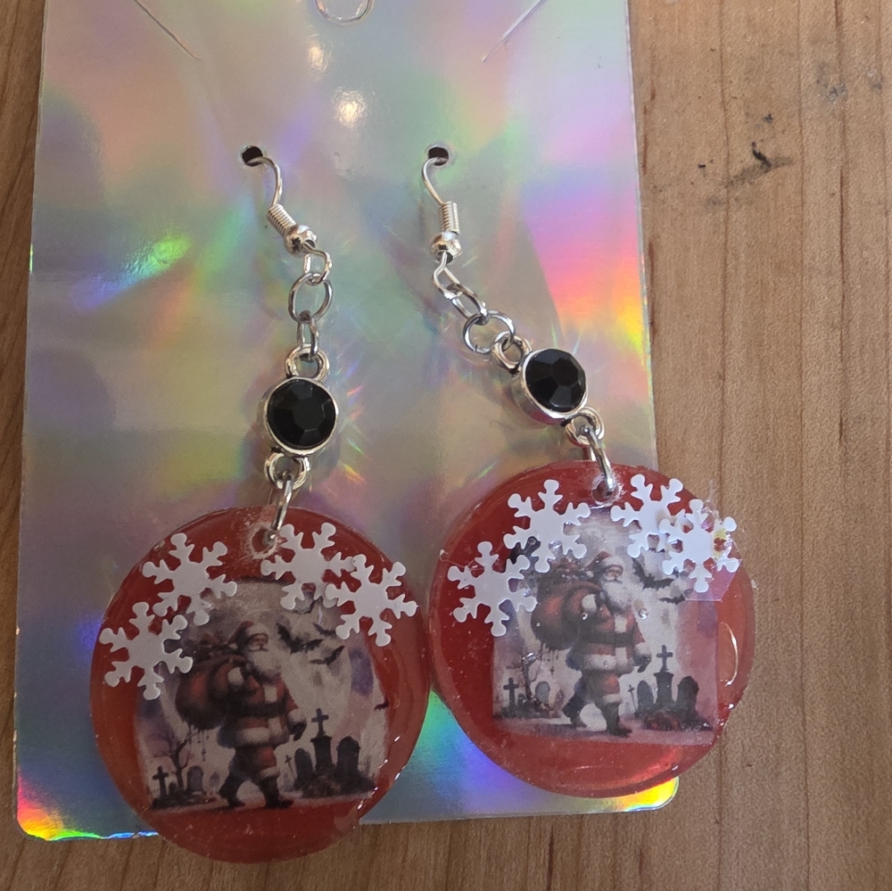 Cemetary Santa Gothic Christmas 3" Stainless Steel & Resin Earrings